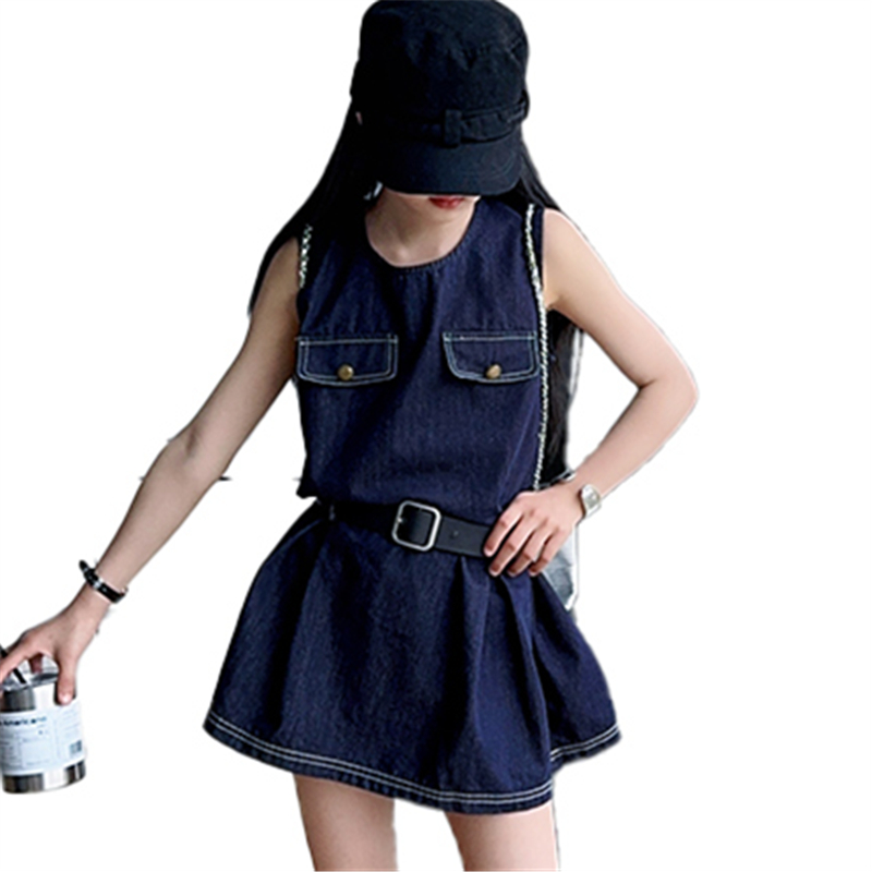Vintage Fashion Outfit - Stilvolles Kindermode-Denim-Bodysuit-Kleid für Mädchen, Vintage-Stil, dunkelblauer