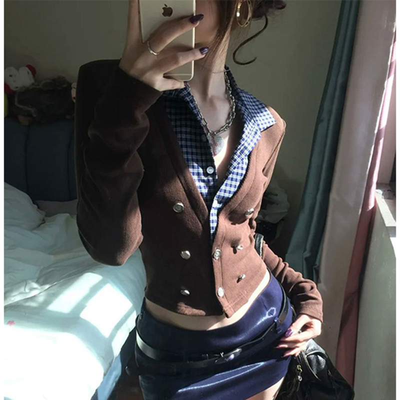 Crop Cardigan Vintage - MEXZT Y2K Abgeschnitten Strickjacke Frauen Plaid