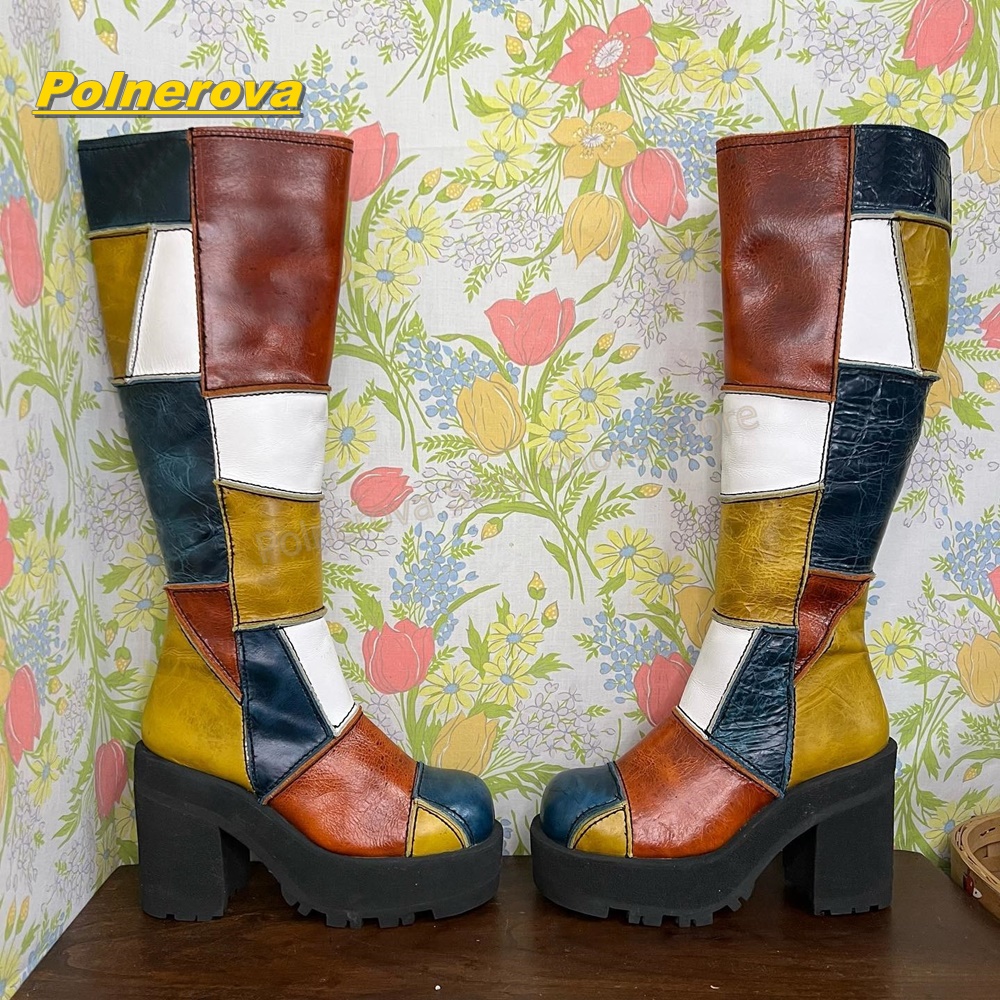 Vintage Fashion Style - Damen Retro Patchwork Leder Kniehohe Stiefel