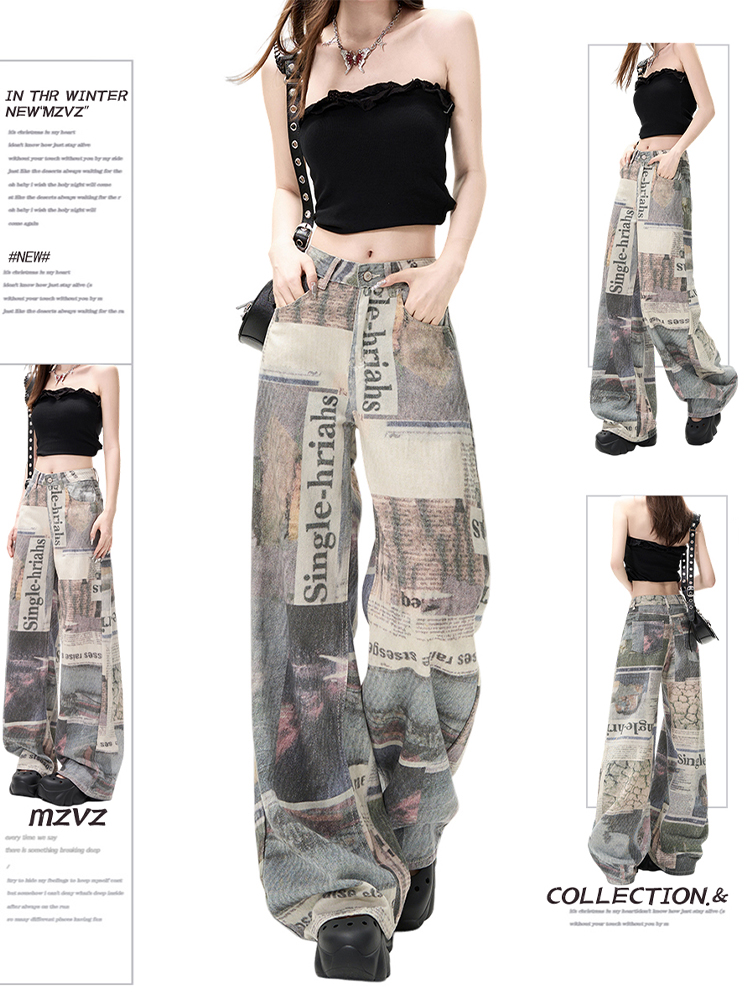Mom Jean High Rise - Winter Damen Denim Hosen Print Grunge
