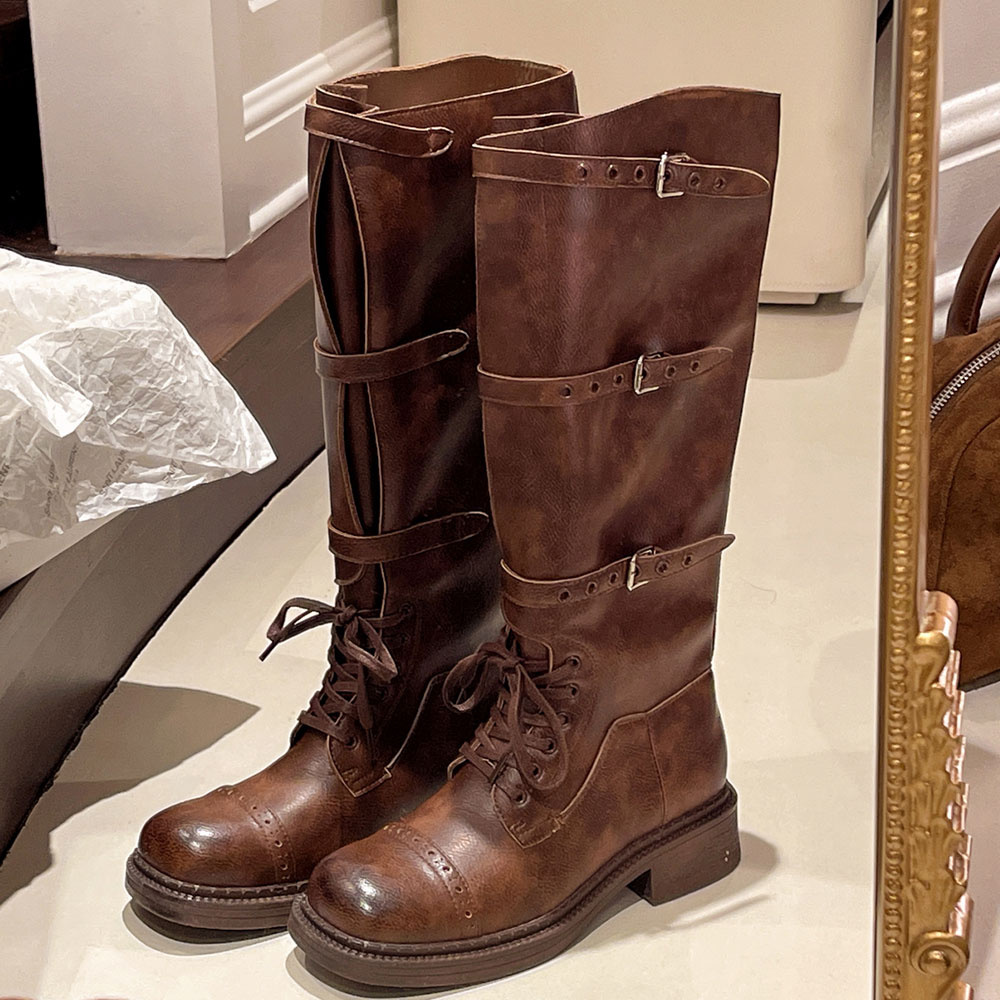 Vintage Fashion Style - Frauen Kniehohe Stiefel Vintage Gürtel Schnalle