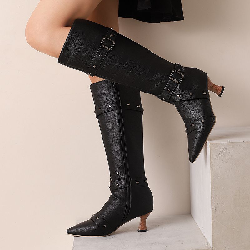 Vintage Fashion Style - Girseaby Damen knielange Stiefeletten mit spitzer