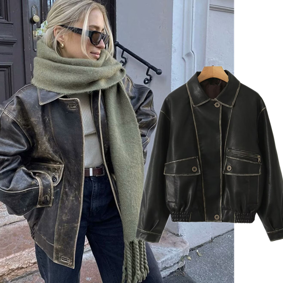 Vintage Fashion Bloggers - Dave&Di Herbst-Winter-Damenjacke, minimalistische Retro-gewaschene gebrauchte Lederjacke,
