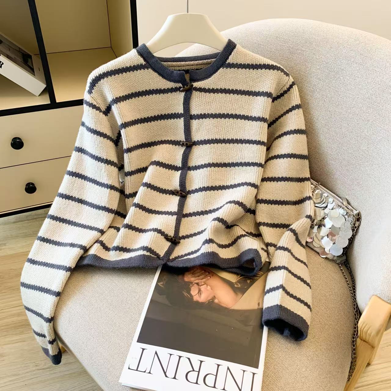 Crop Cardigan Vintage - Gestreifter Strickjacke mit O-Ausschnitt für Damen,