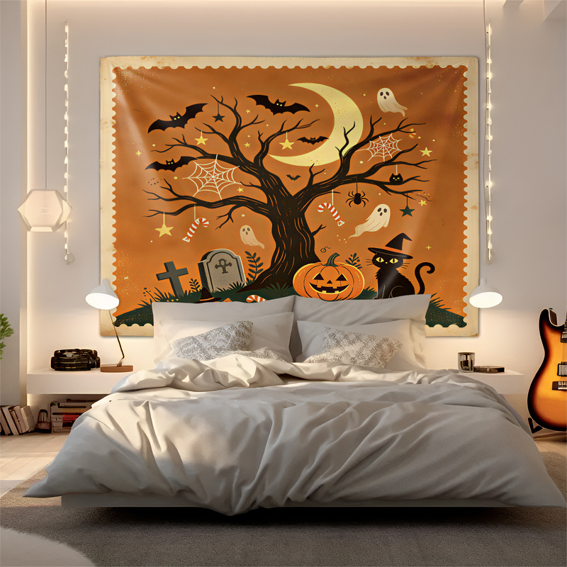 Vintage Fashion Prints For Wall - Vintage Halloween-Druck Wandteppich Kürbis Geist Schwarze