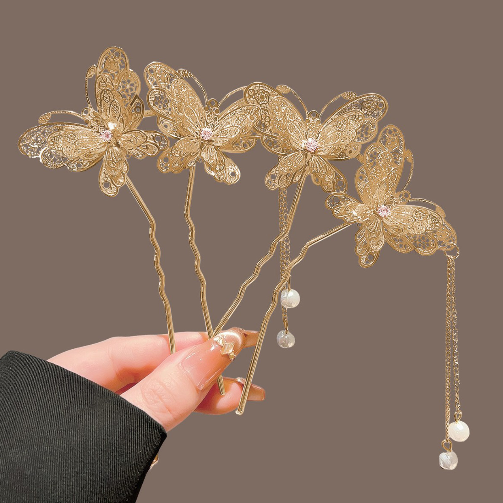 Vintage Fashion Outfit - Neo-chinesische Doppel-Schmetterlings-Haarspange mit Quaste, elegante Legierung,