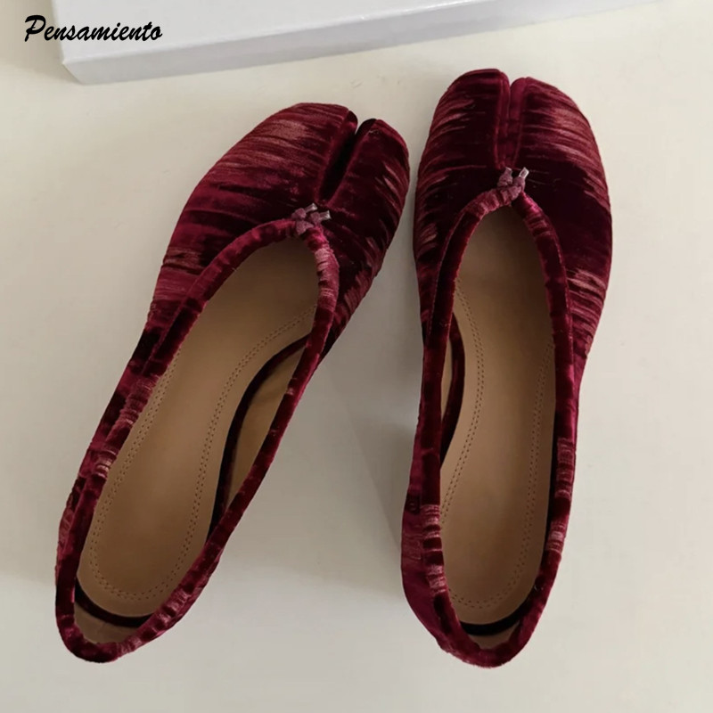 Vintage Fashion Style - Modische Plissierte Designer-Flanell Split-Toe Damen Ballerinas