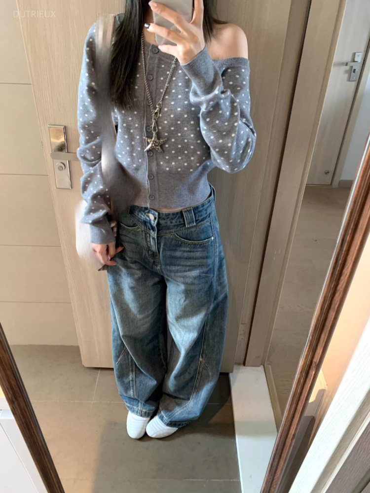 Crop Cardigan Vintage - Y2K Ästhetik Schräg Geschnittener Kragen Polka
