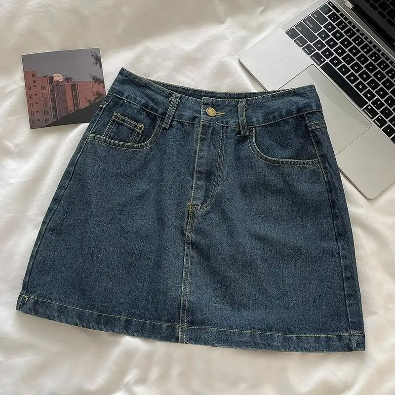 Vintage Fashion Style - Y2K Denim-Rock-Set: Vintage Japanischer Stil Knopfjacke