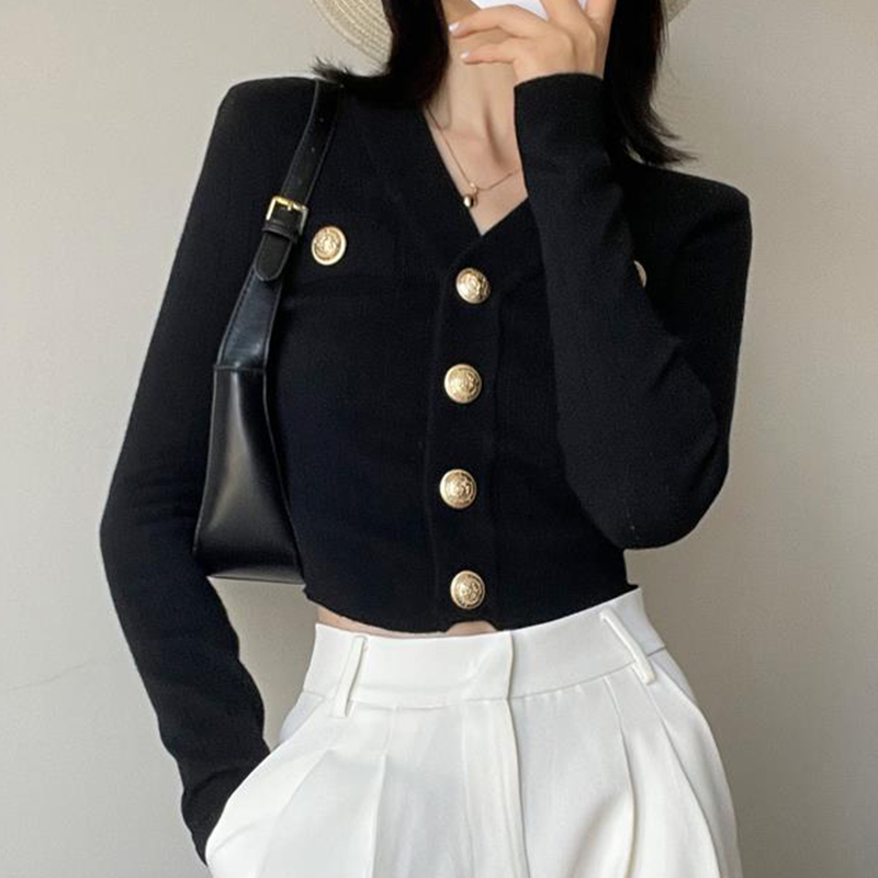 Crop Cardigan Vintage - Gold Button Front Strickjacke Damen Langarm