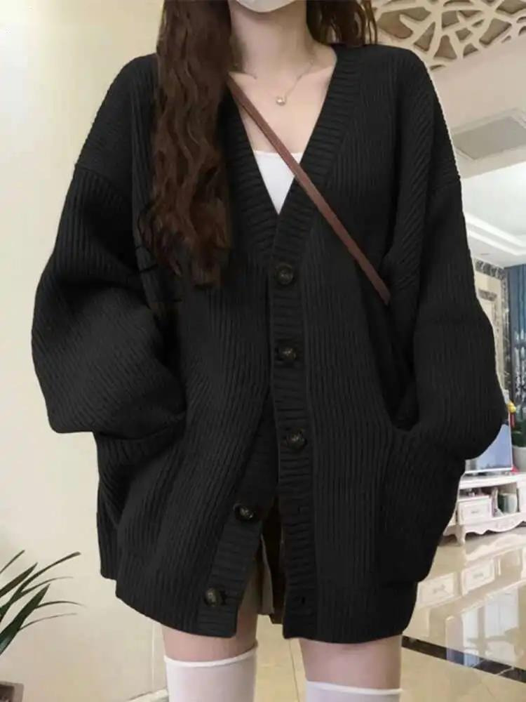 Crop Cardigan Vintage - Lose Strickjacke Frauen Langarm V-ausschnitt Strick