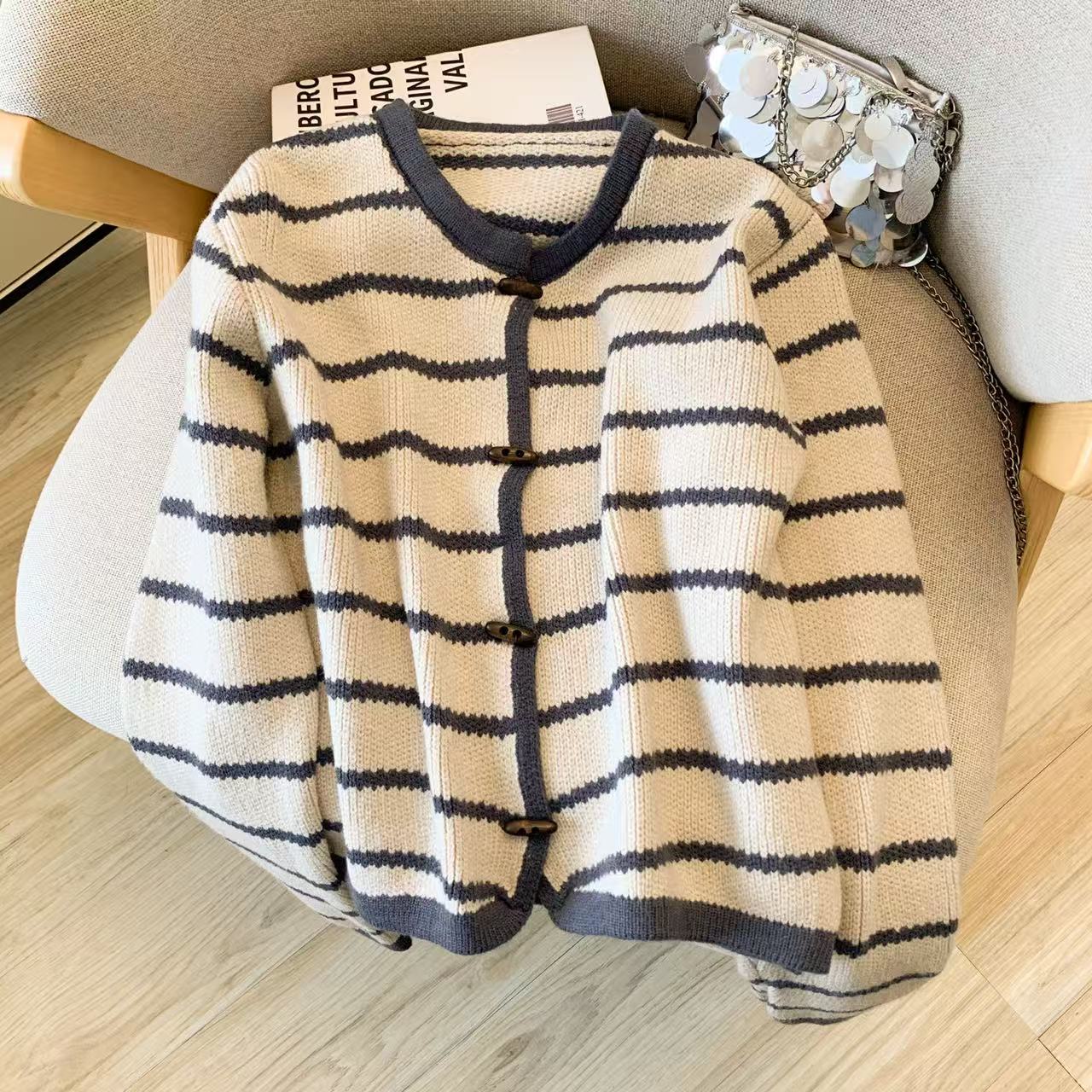 Gestreifter Strickjacke mit O- – Crop Cardigan Vintage Bewertung und Preis